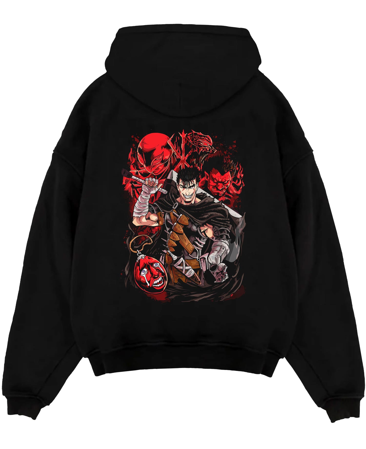 Black pullover hoodie laid flat on a white background, featuring Berserk Guts anime poster inspired artwork with Apostles in dark retro manga graphic style.