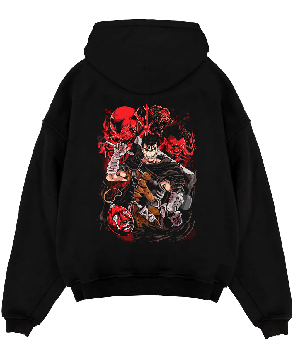 Black pullover hoodie laid flat on a white background, featuring Berserk Guts anime poster inspired artwork with Apostles in dark retro manga graphic style.