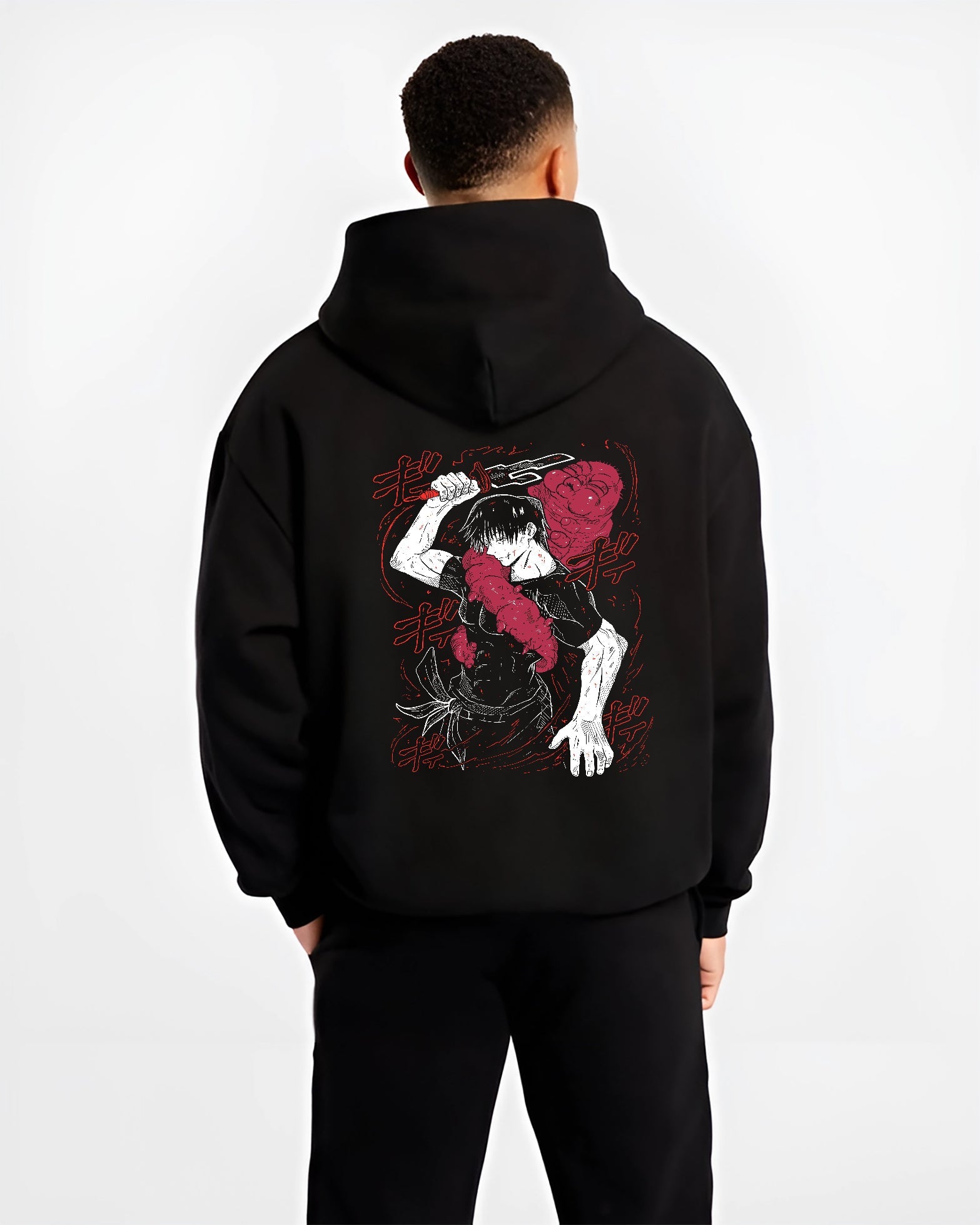 Black hoodie worn by a male model, back view, featuring Jujutsu Kaisen Yuta Okkotsu anime poster inspired artwork with sword raised in gritty retro manga battle style.