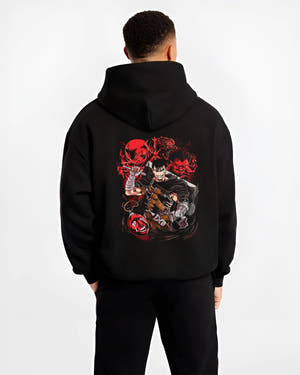 Black hoodie worn by a male model, back view, featuring Berserk Guts with Apostles, gritty anime poster inspired design in red dark manga panel style.