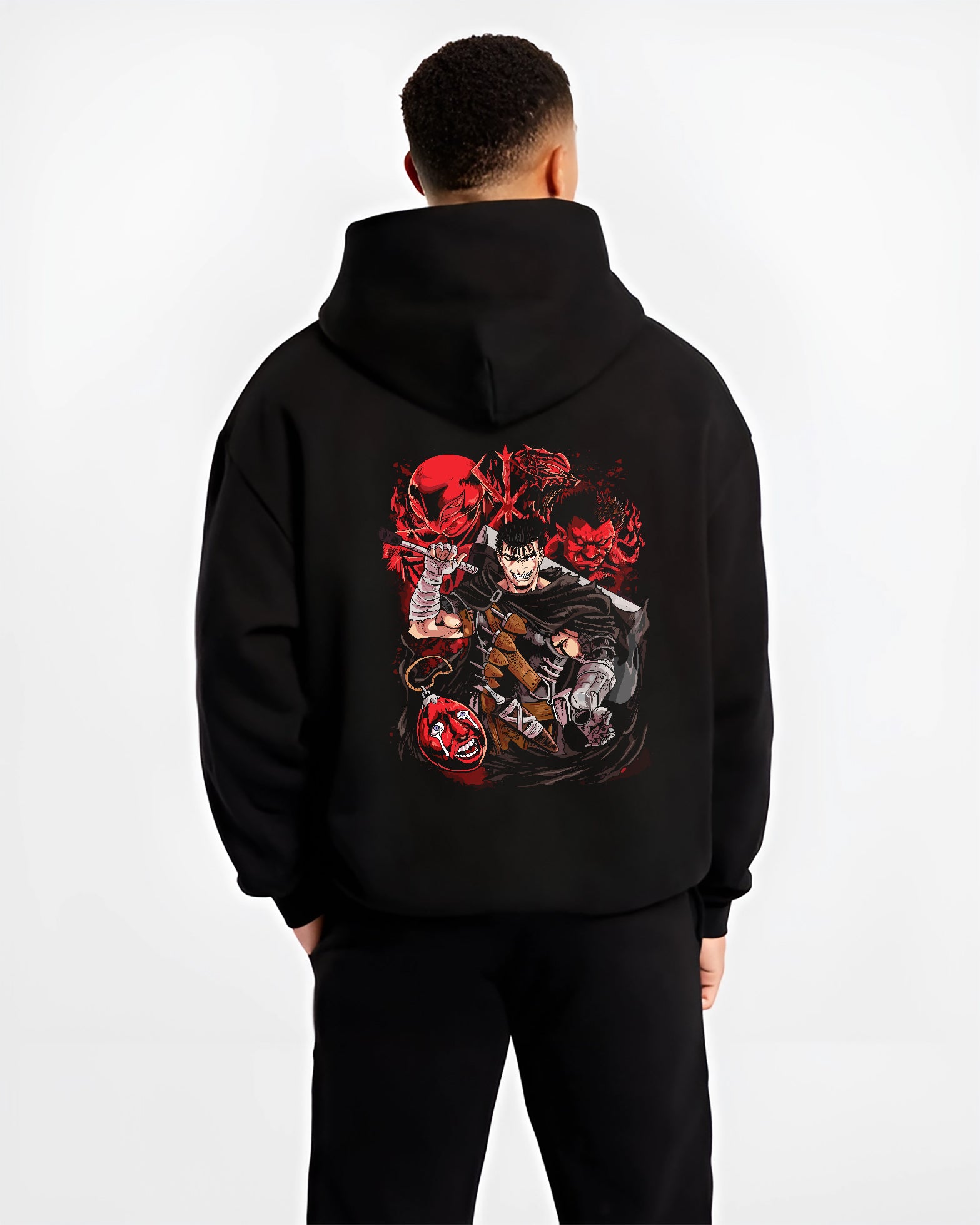 Black hoodie worn by a male model, back view, featuring Berserk Guts with Apostles, gritty anime poster inspired design in red dark manga panel style.