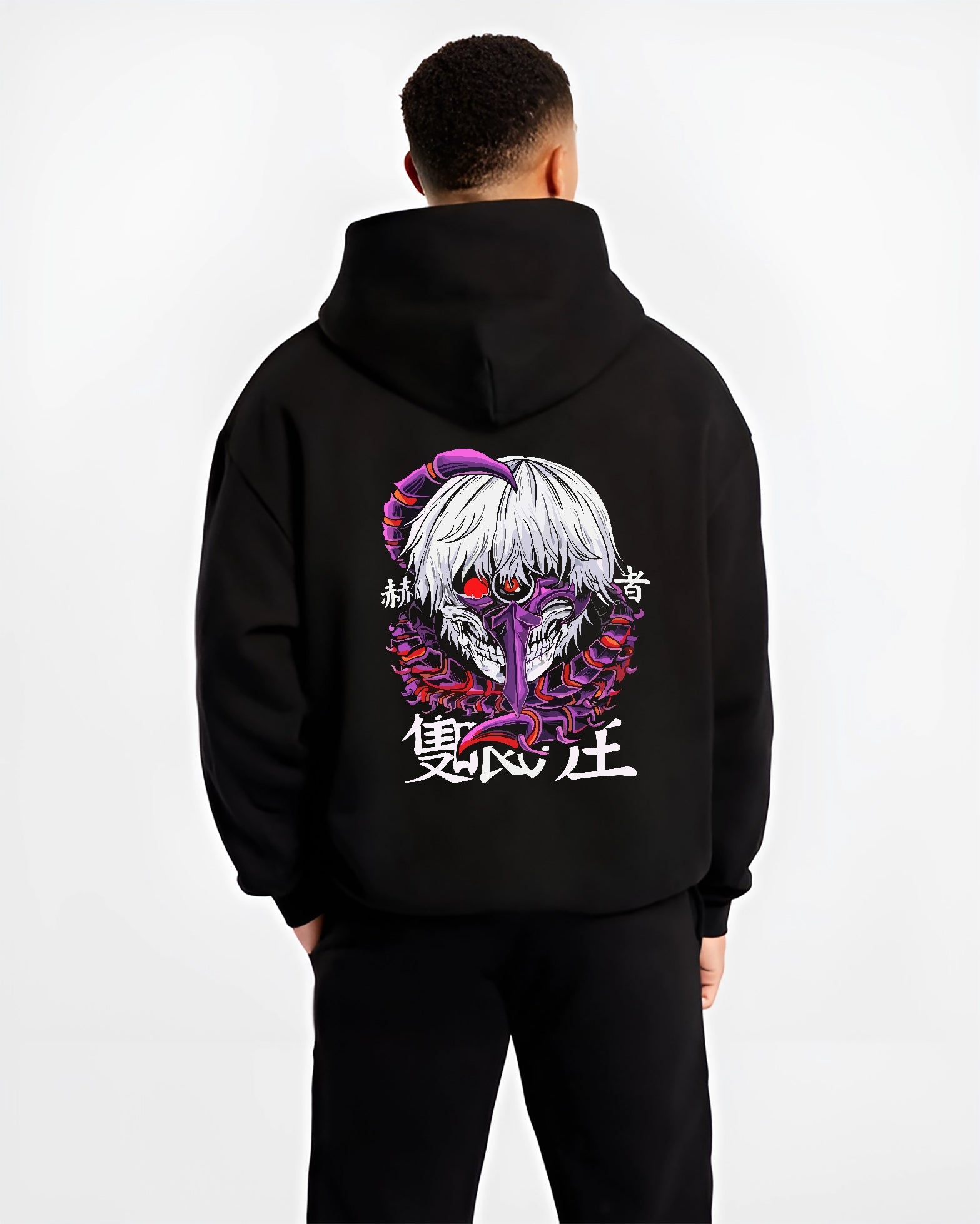 Black hoodie worn by a male model, back view, featuring Tokyo Ghoul Kaneki Ken anime poster inspired design with skeletal mask, centipede wrap, and eerie red accents.