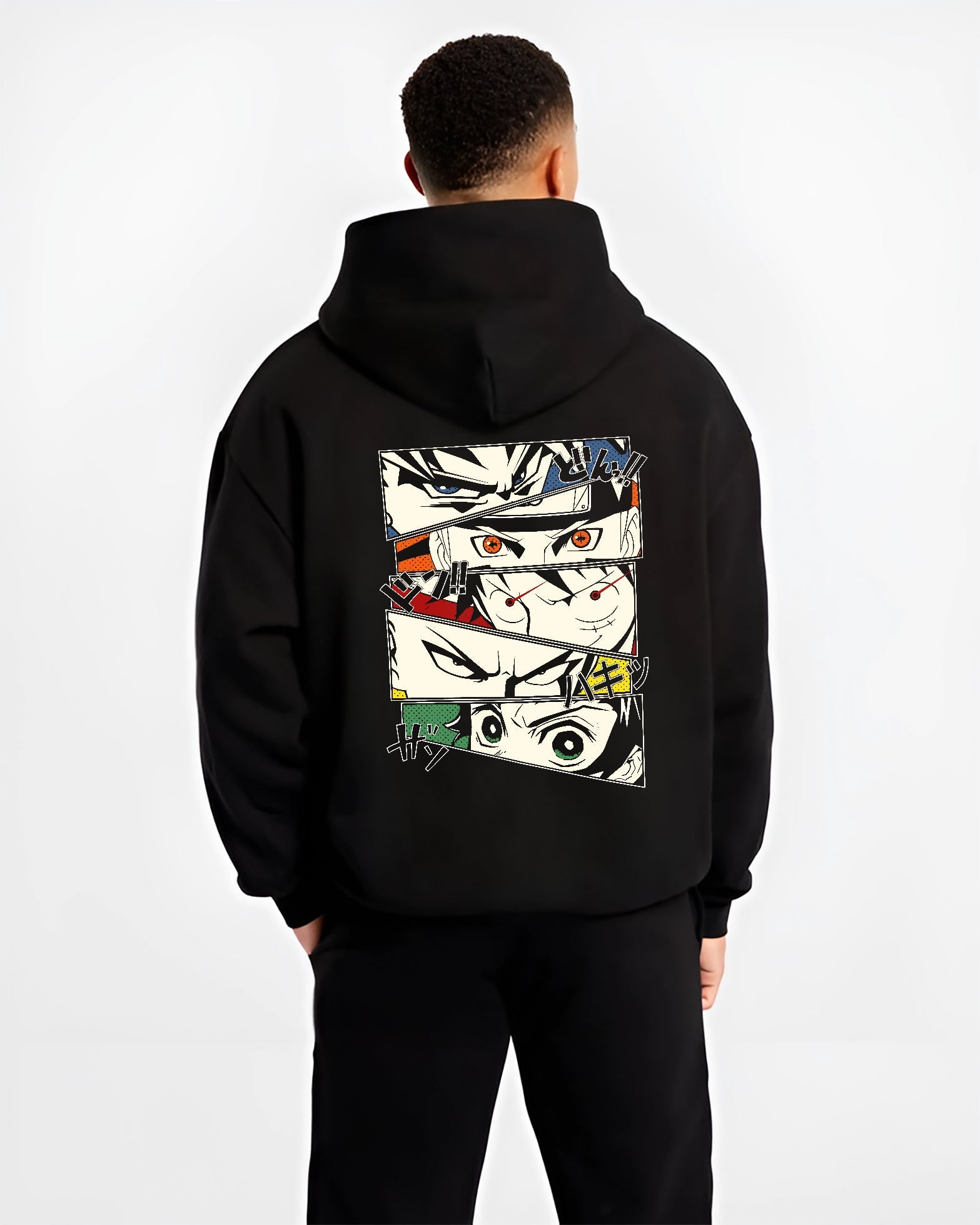 Black hoodie worn by a male model, back view, featuring anime poster inspired eye collage of Goku, Naruto, Luffy, Saitama, and Tanjiro.