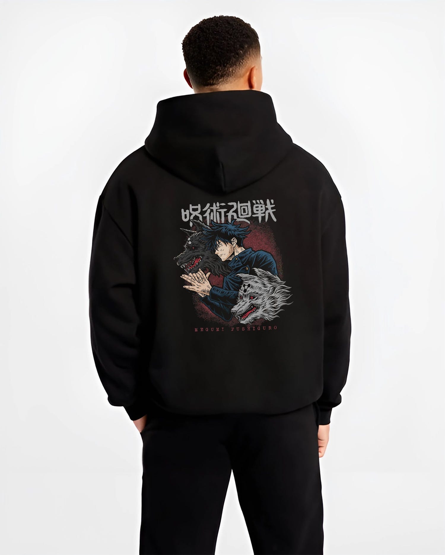 Black hoodie worn by a male model, back view, featuring Jujutsu Kaisen Megumi Fushiguro Divine Dogs anime poster design.