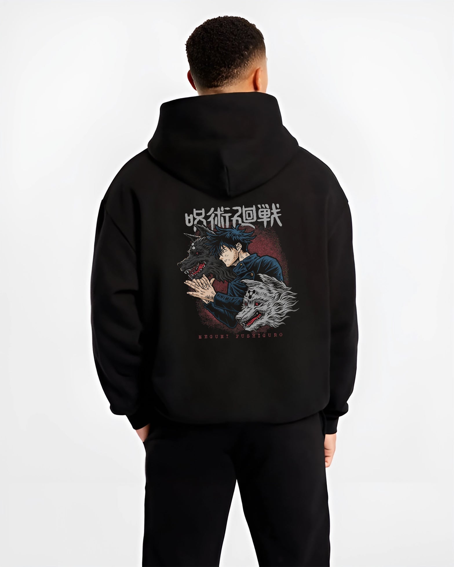 Black hoodie worn by a male model, back view, featuring Jujutsu Kaisen Megumi Fushiguro Divine Dogs anime poster design.