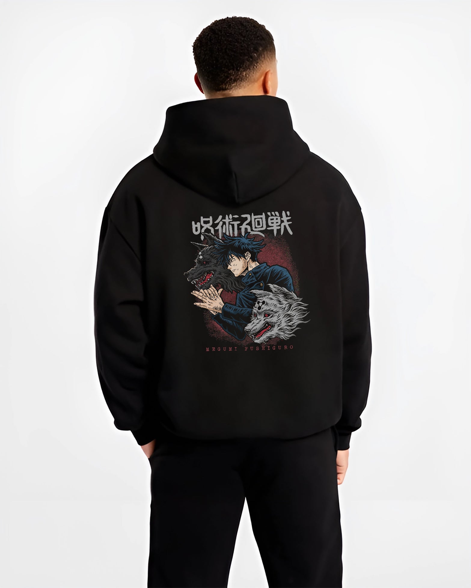 Black hoodie worn by a male model, back view, featuring Jujutsu Kaisen Megumi Fushiguro Divine Dogs anime poster design.