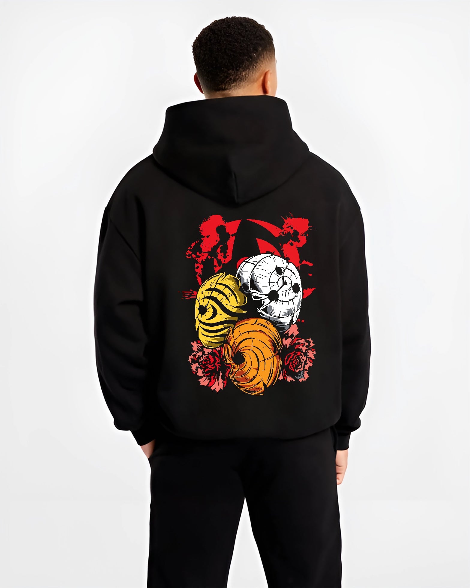 Black hoodie worn by a male model, back view, featuring Kakashi Hatake shonen battle character design with Susanoo aura and retro manga artwork.