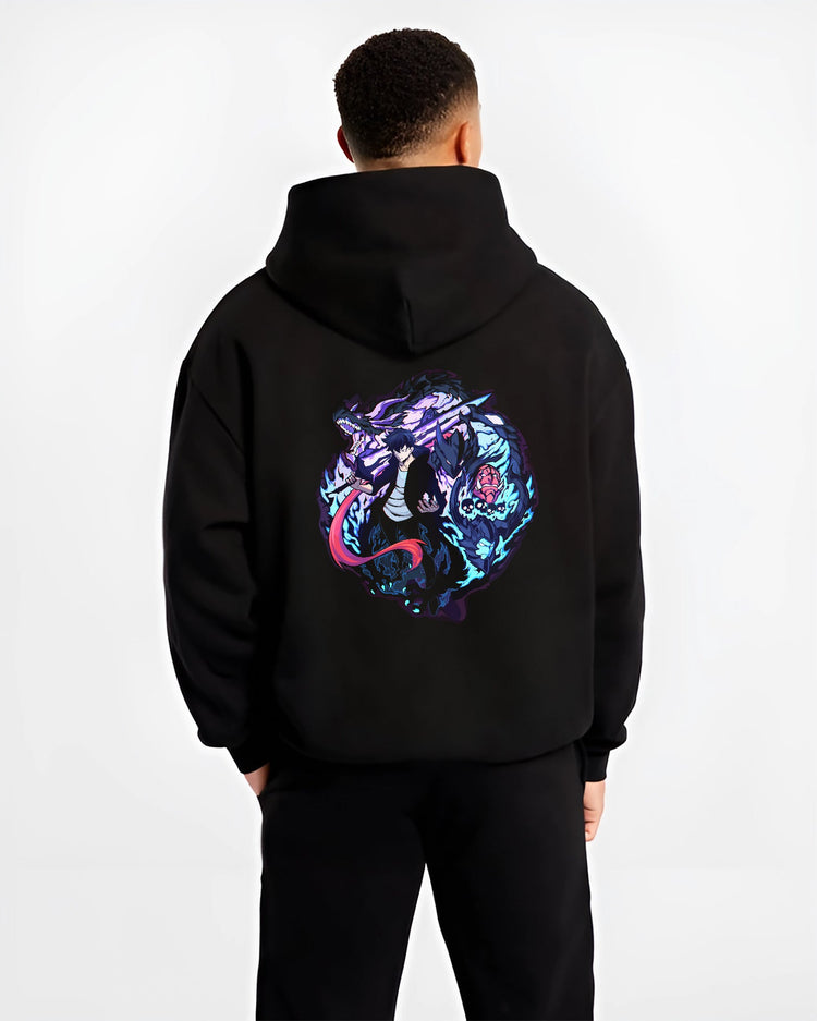 Black hoodie worn by a male model, back view, featuring Jinwoo Sung shonen battle character design with glowing sword and dark manga panel style.
