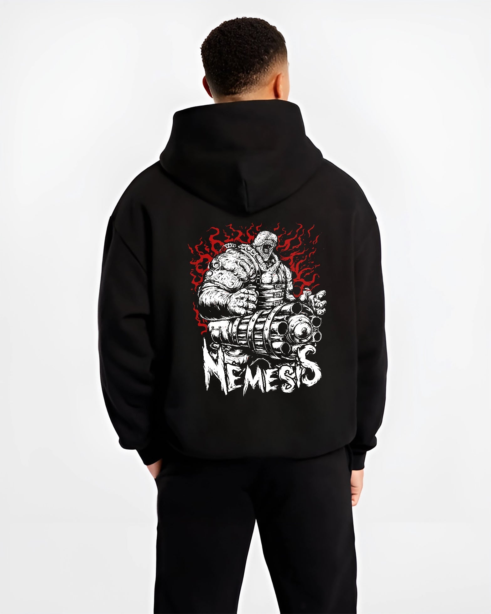 Black hoodie worn by a male model, back view, featuring Nemesis Resident Evil neo-noir comic inspired design with apocalyptic retro horror tones.