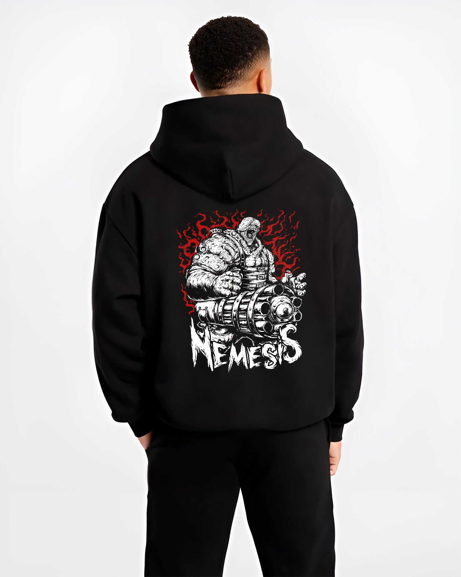 Black hoodie worn by a male model, back view, featuring Nemesis Resident Evil neo-noir comic inspired design with apocalyptic retro horror tones.