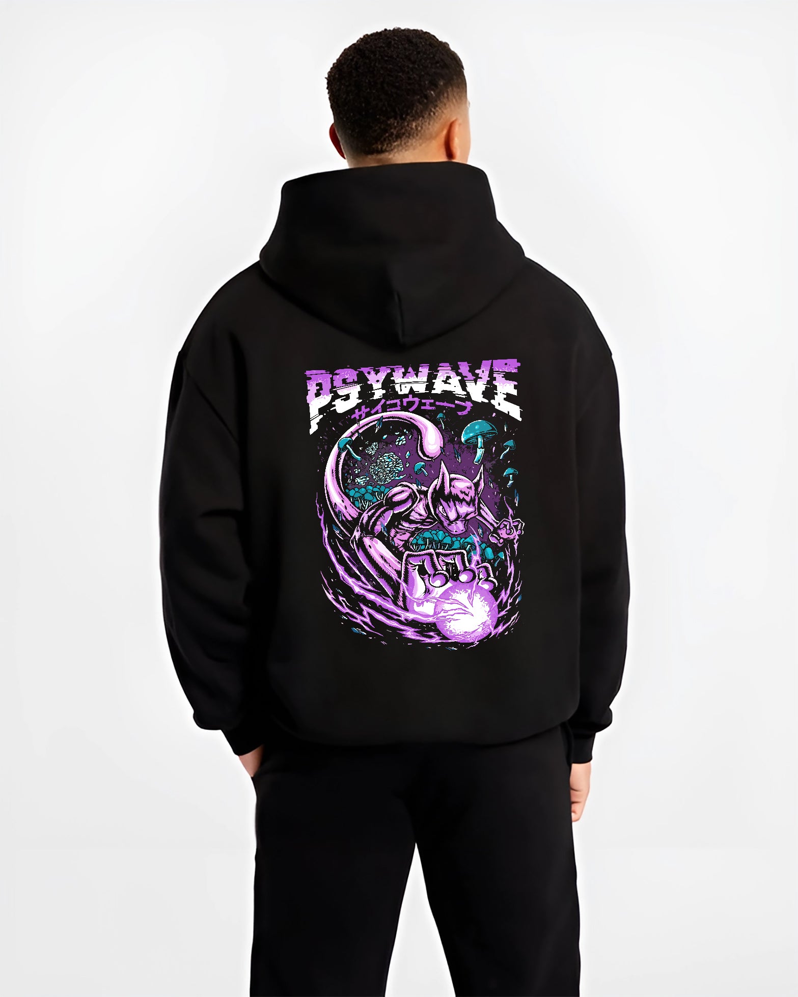 Black hoodie worn by a male model, back view, featuring Mewtwo retro manga graphic with swirling psychic orb and neon purple.
