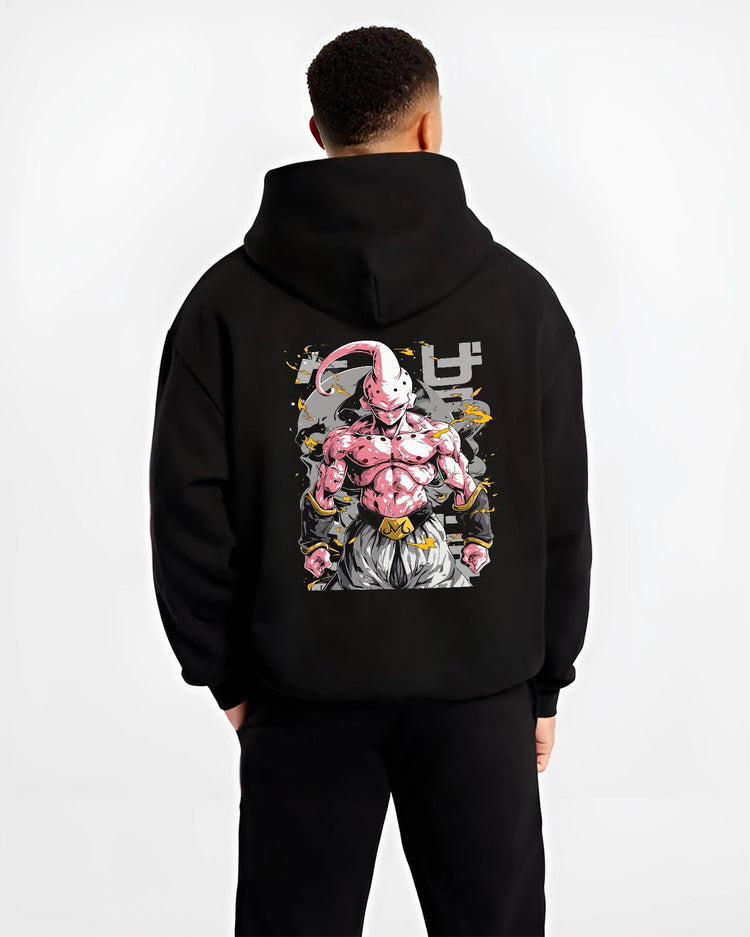 Black hoodie worn by a male model, back view, featuring Dragon Ball Majin Buu retro manga graphic with muscular stance and anime poster inspired battle aura.
