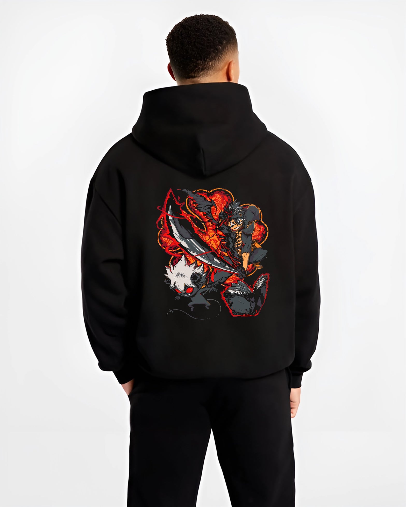 Black hoodie worn by a male model, back view, featuring Black Clover Asta shonen battle character artwork in anime poster inspired design with dark demonic aura.