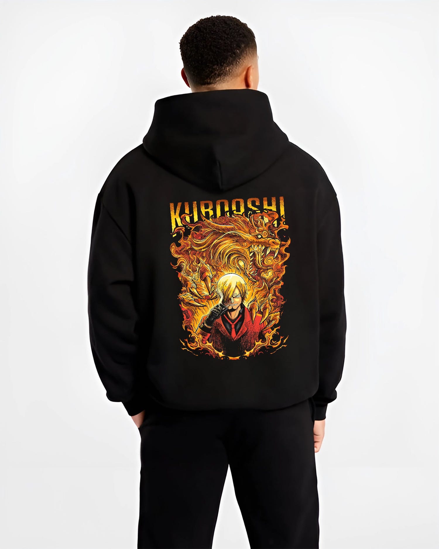 Black hoodie worn by a male model, back view, featuring Sanji Kuroashi One Piece shonen battle inspired fiery artwork with Japanese animation streetwear style.