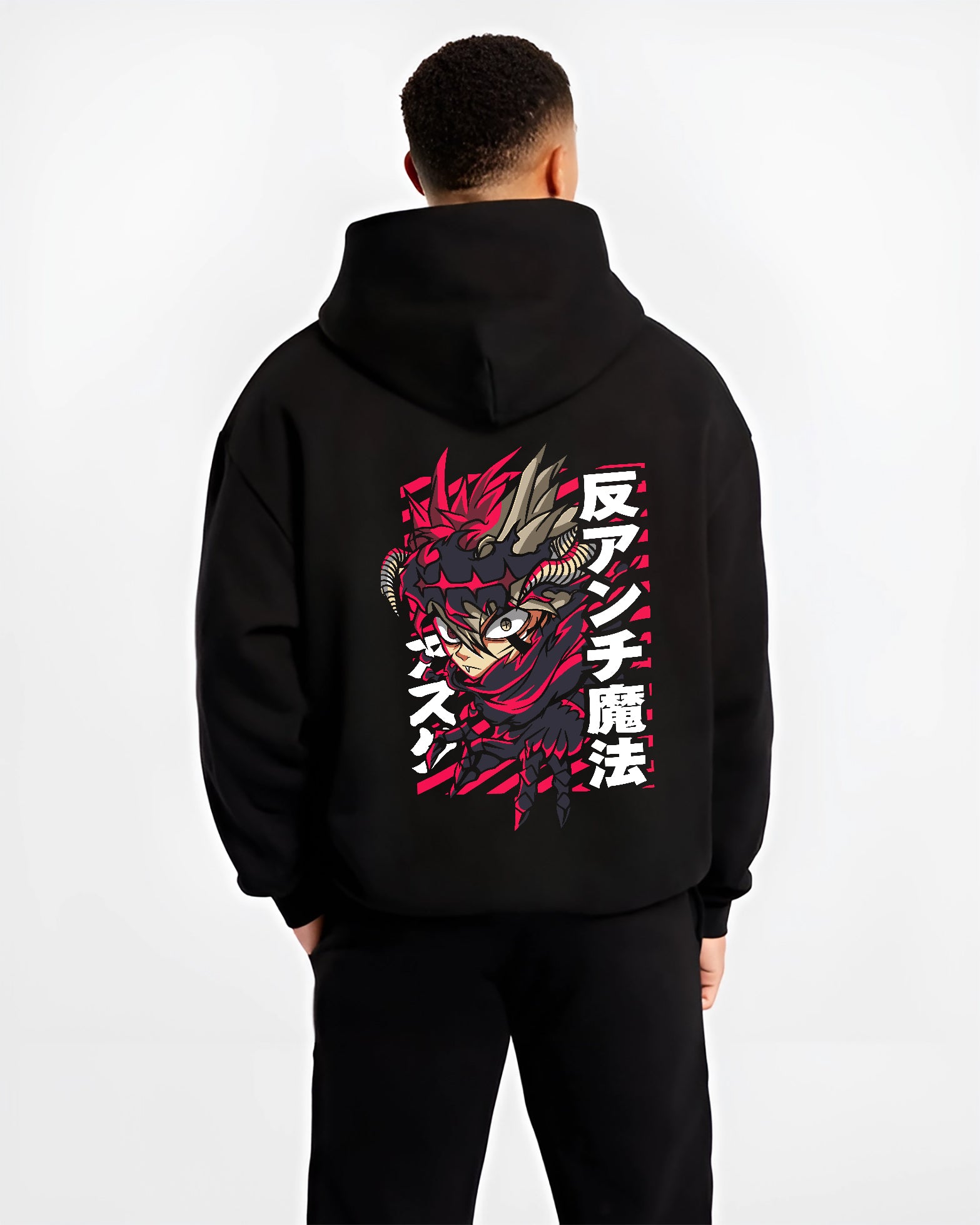 Black hoodie worn by a male model, back view, featuring Asta anti-magic shonen battle character with striking red retro manga panel style.