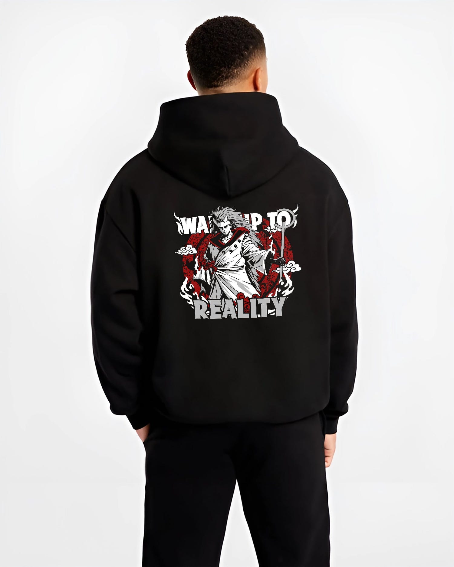Black hoodie worn by a male model, back view, featuring Naruto Madara Uchiha retro manga graphic with “Wake Up to Reality” text in anime poster inspire