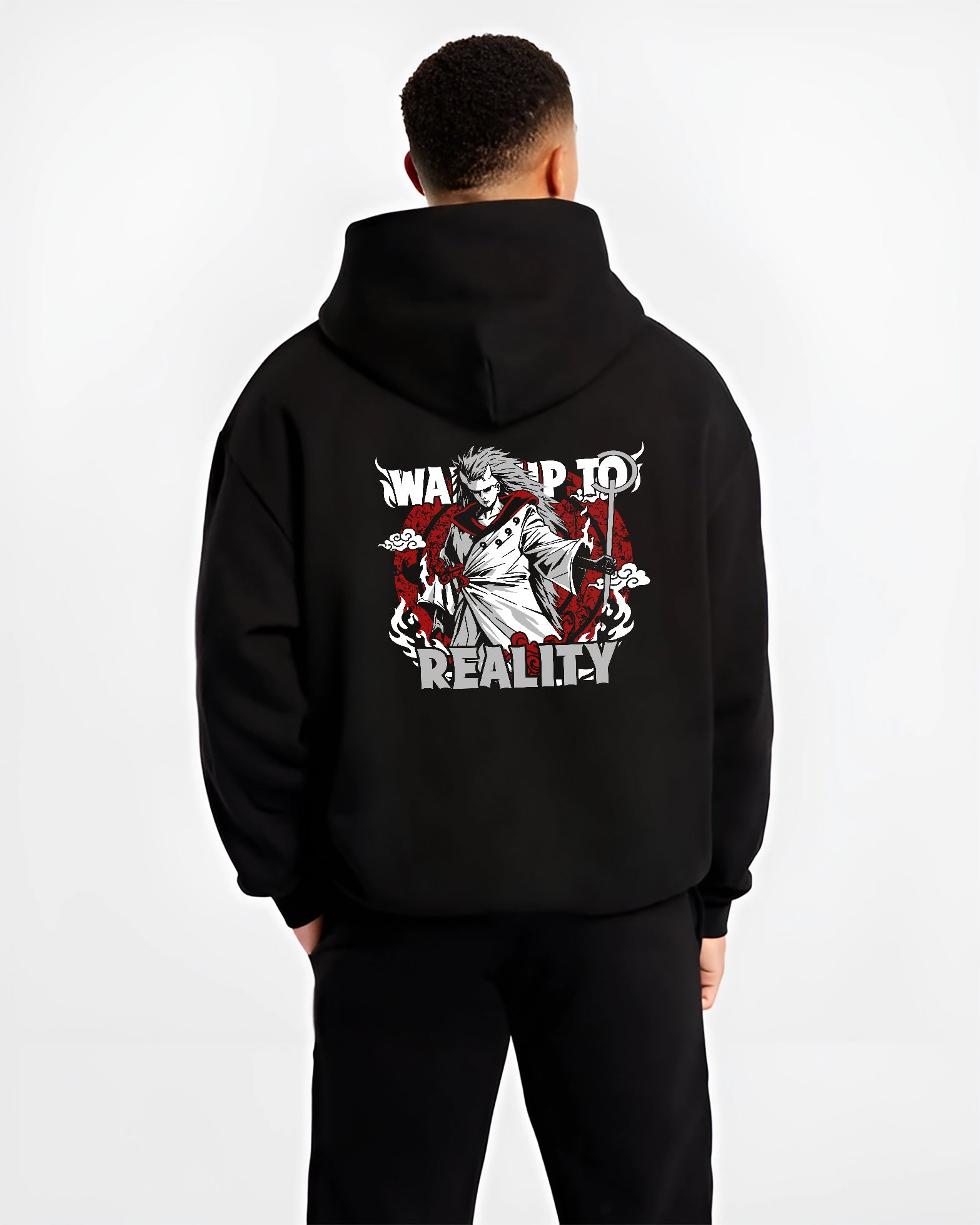 Black hoodie worn by a male model, back view, featuring Naruto Madara Uchiha retro manga graphic with “Wake Up to Reality” text in anime poster inspire