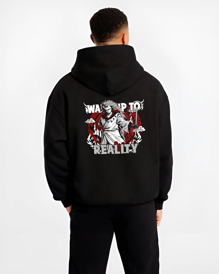 Black hoodie worn by a male model, back view, featuring Naruto Madara Uchiha retro manga graphic with “Wake Up to Reality” text in anime poster inspire
