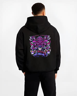 Black hoodie worn by a male model, back view, featuring Zoro Susanoo Japanese animation streetwear design with glowing purple aura and swords drawn.