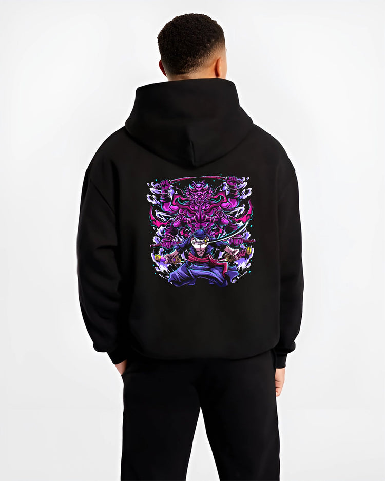 Black hoodie worn by a male model, back view, featuring Zoro Susanoo Japanese animation streetwear design with glowing purple aura and swords drawn.