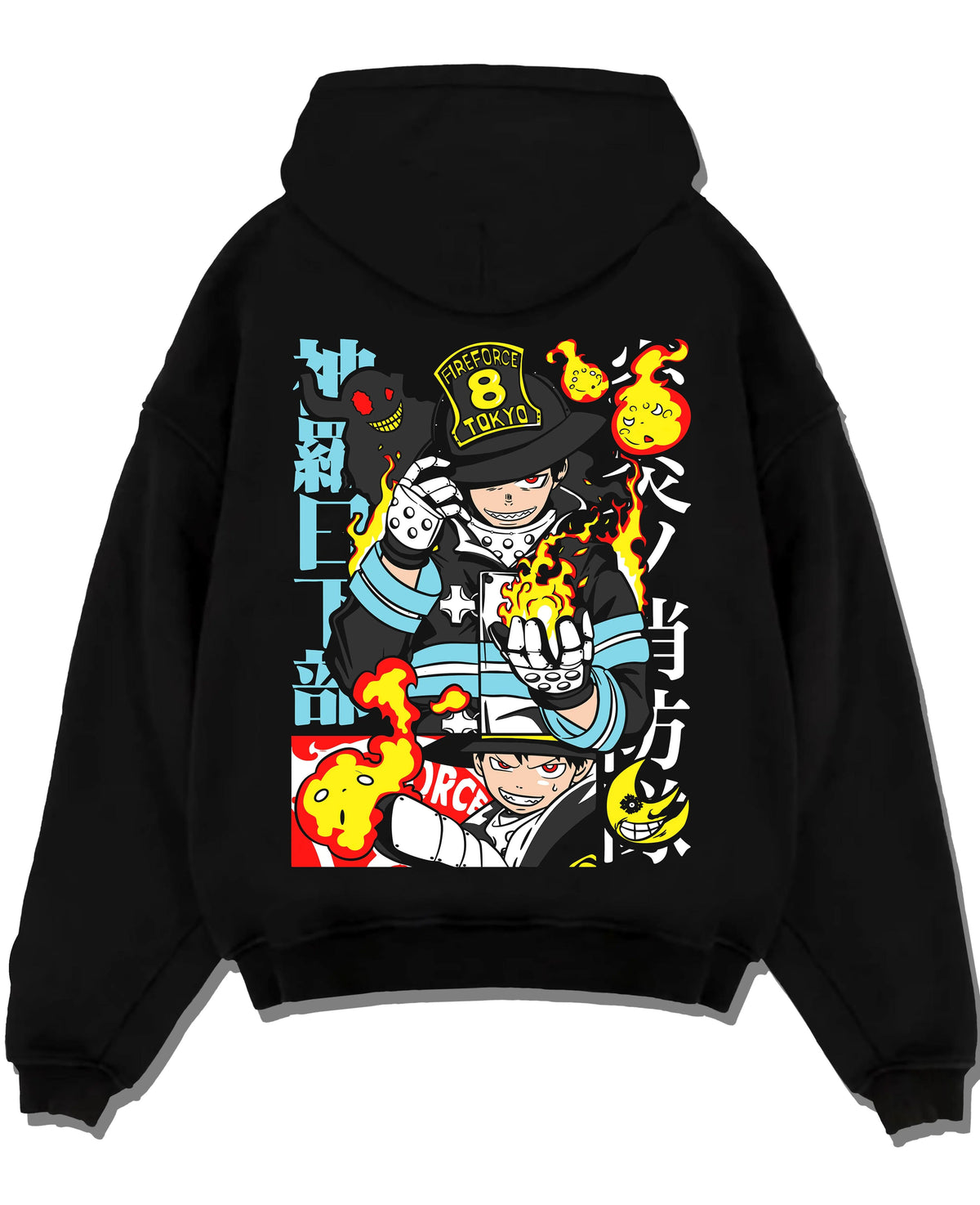 Black hoodie laid flat featuring Shinra Kusakabe Fire Force Company 8 pyrokinetic artwork with bold anime graphic print.