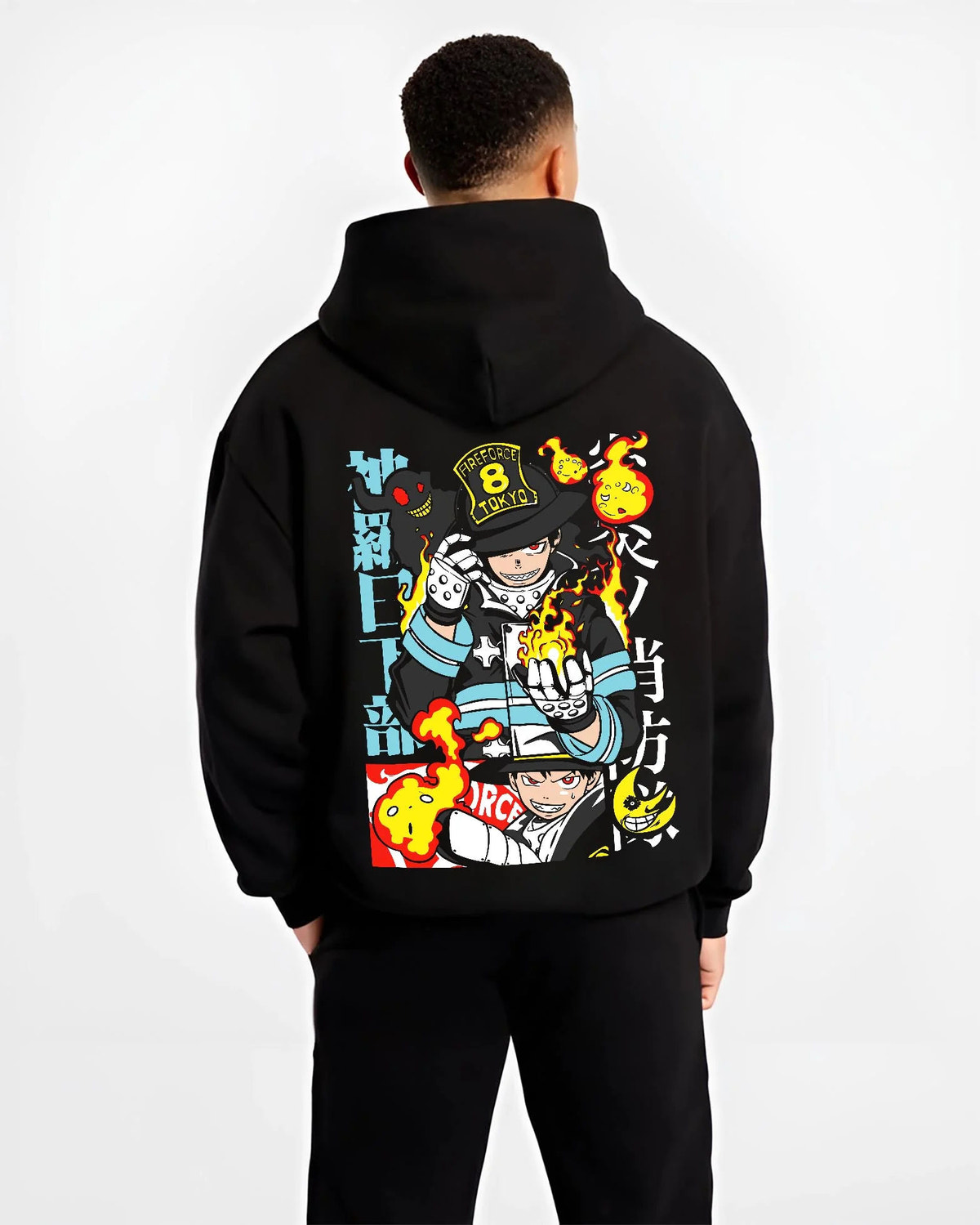 Black hoodie worn by male model from the back featuring Shinra Kusakabe Fire Force Company 8 pyrokinetic artwork.