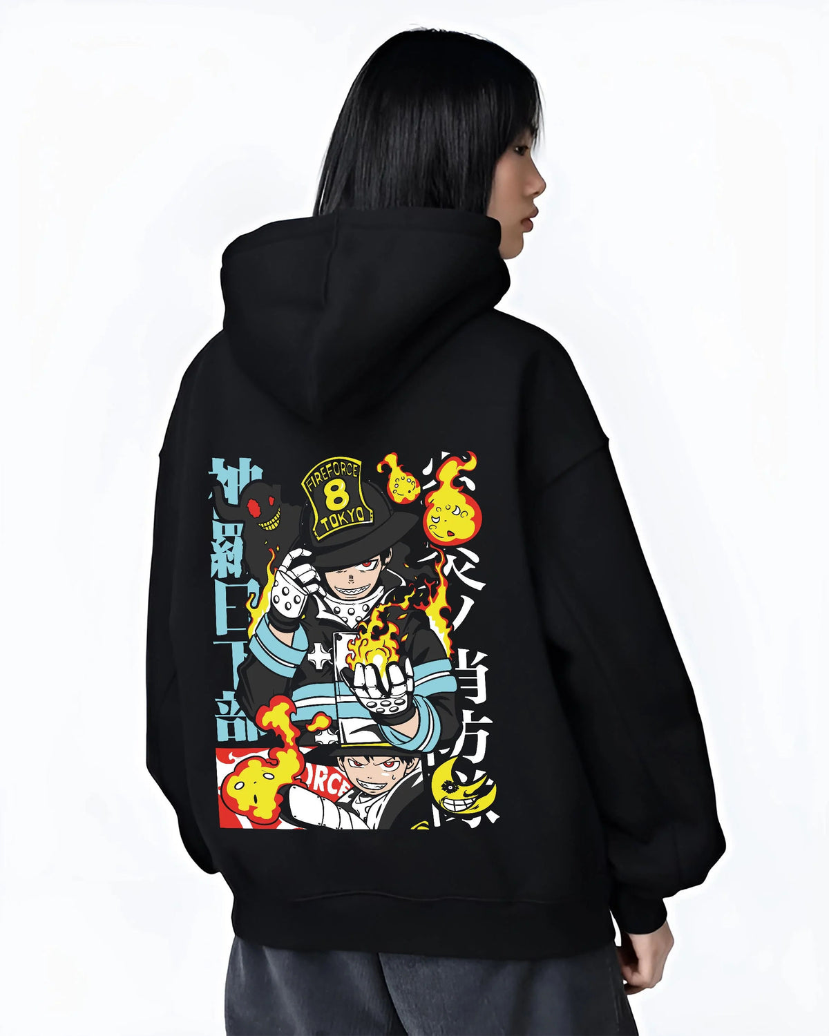 Black hoodie worn by female model from the back featuring Shinra Kusakabe Fire Force Company 8 pyrokinetic artwork.