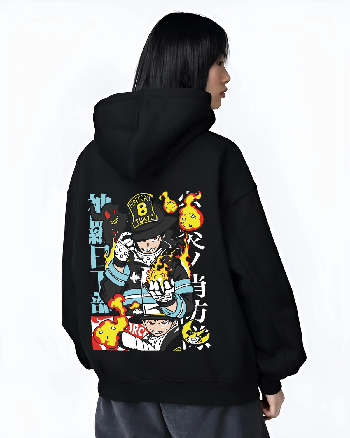 Black hoodie worn by female model from the back featuring Shinra Kusakabe Fire Force Company 8 pyrokinetic artwork.