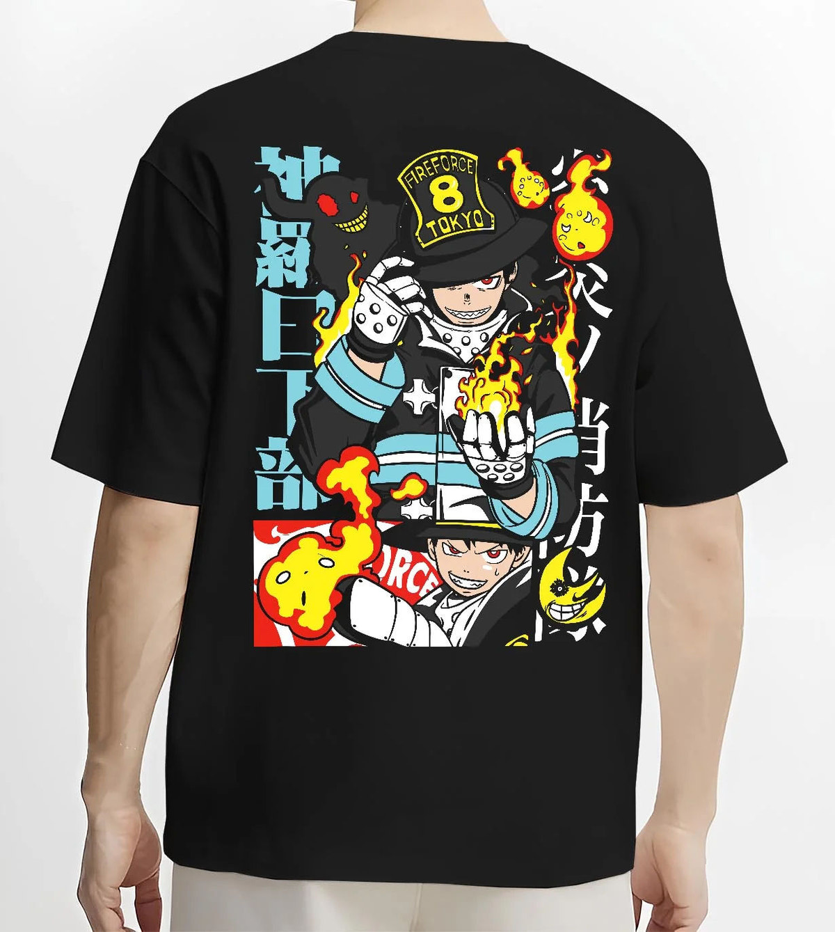 Black T-shirt worn by male model from the back featuring Shinra Kusakabe Fire Force Company 8 pyrokinetic artwork.