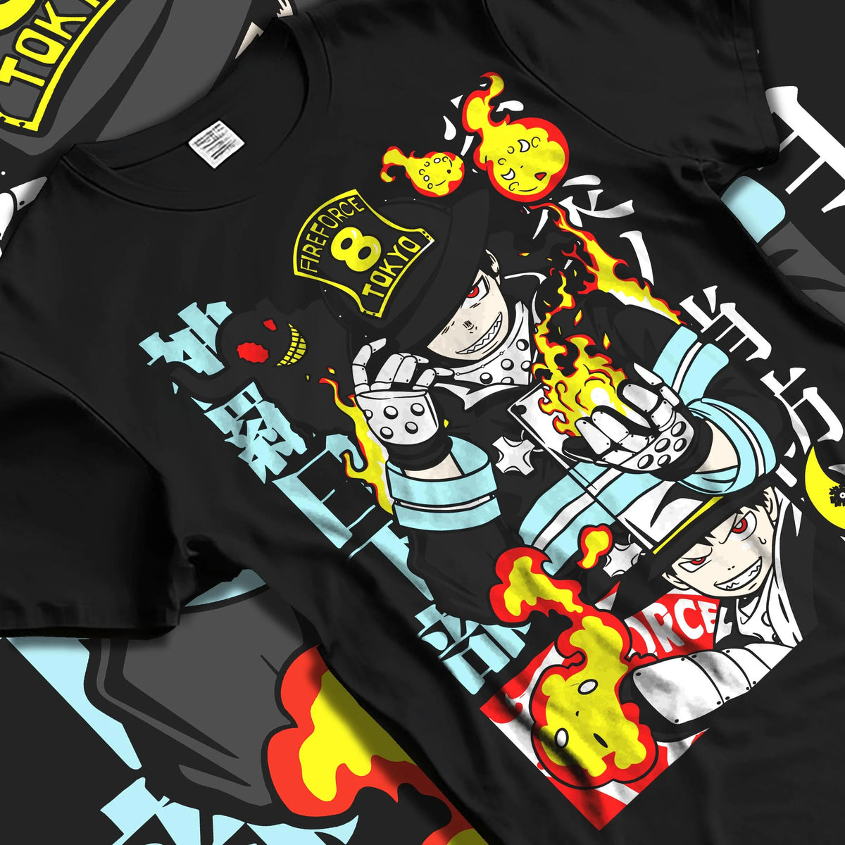Black T-shirt laid flat with natural folds featuring Shinra Kusakabe Fire Force Company 8 pyrokinetic artwork.