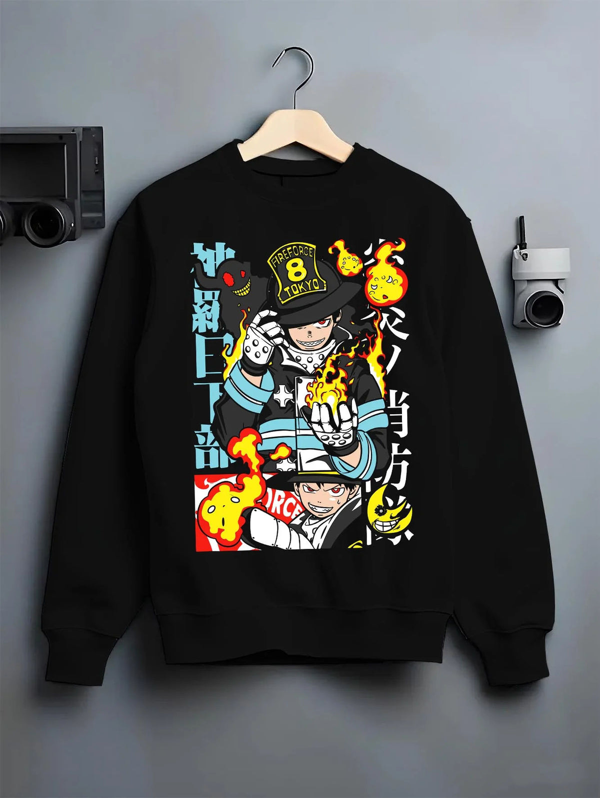 Black crewneck sweatshirt on hanger featuring Shinra Kusakabe Fire Force Company 8 pyrokinetic artwork.