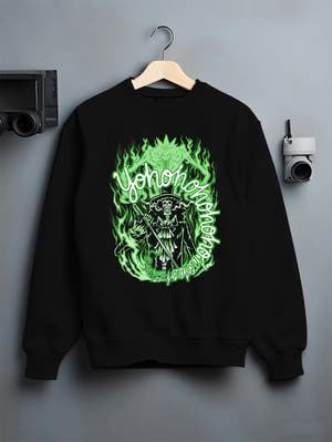 Black crewneck sweatshirt on a hanger against a grey wall, featuring One Piece Brook dark manga panel artwork with glowing green anime poster inspired design.