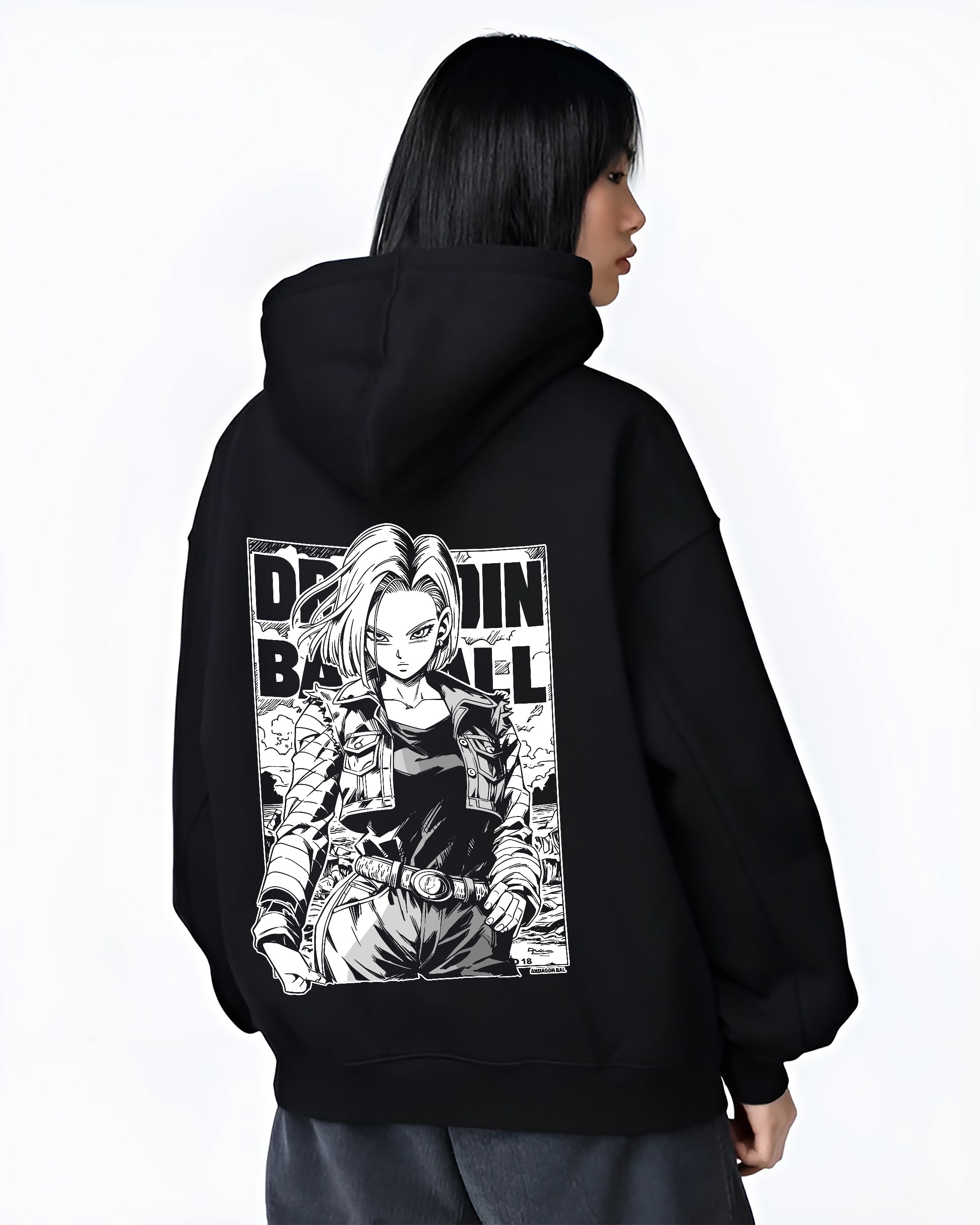 Black T-shirt worn by a male model, back view, featuring Dragon Ball Android 18 retro manga graphic print with bold anime poster inspired streetwear artwork.