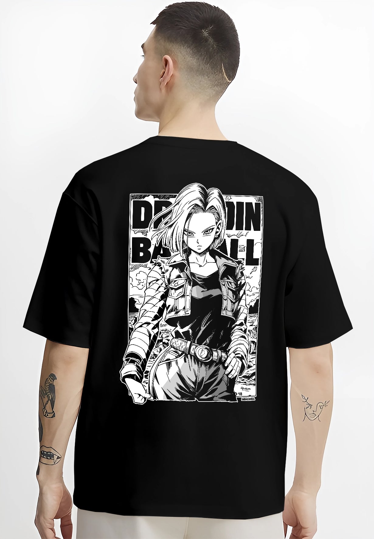 Black hoodie worn by a female model, back view, featuring Dragon Ball Android 18 anime poster inspired design with retro manga artwork and stylish streetwear graphic.