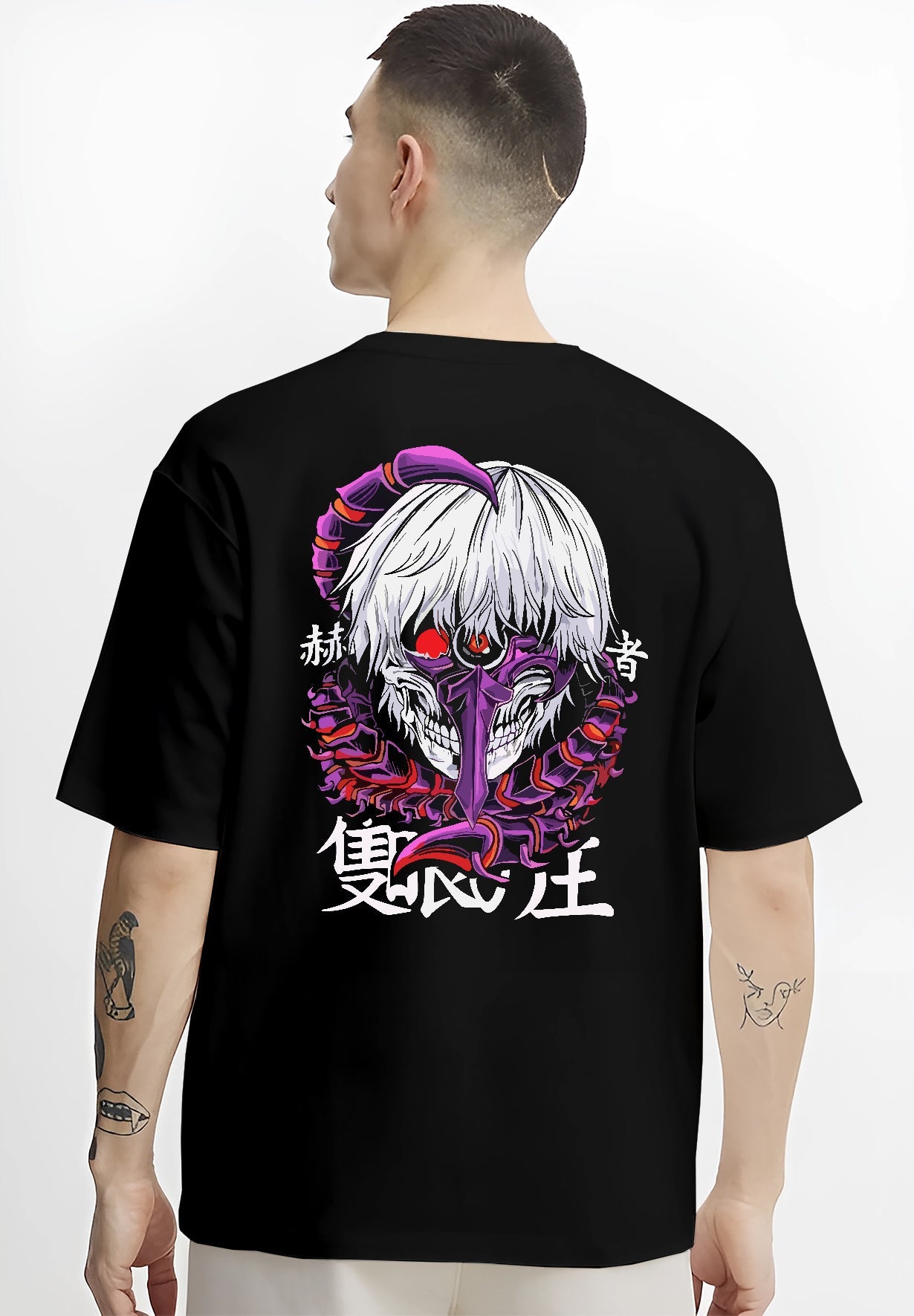 Black hoodie worn by a female model, back view, featuring Tokyo Ghoul Kaneki Ken Japanese animation streetwear design with haunting centipede mask in bold manga style.