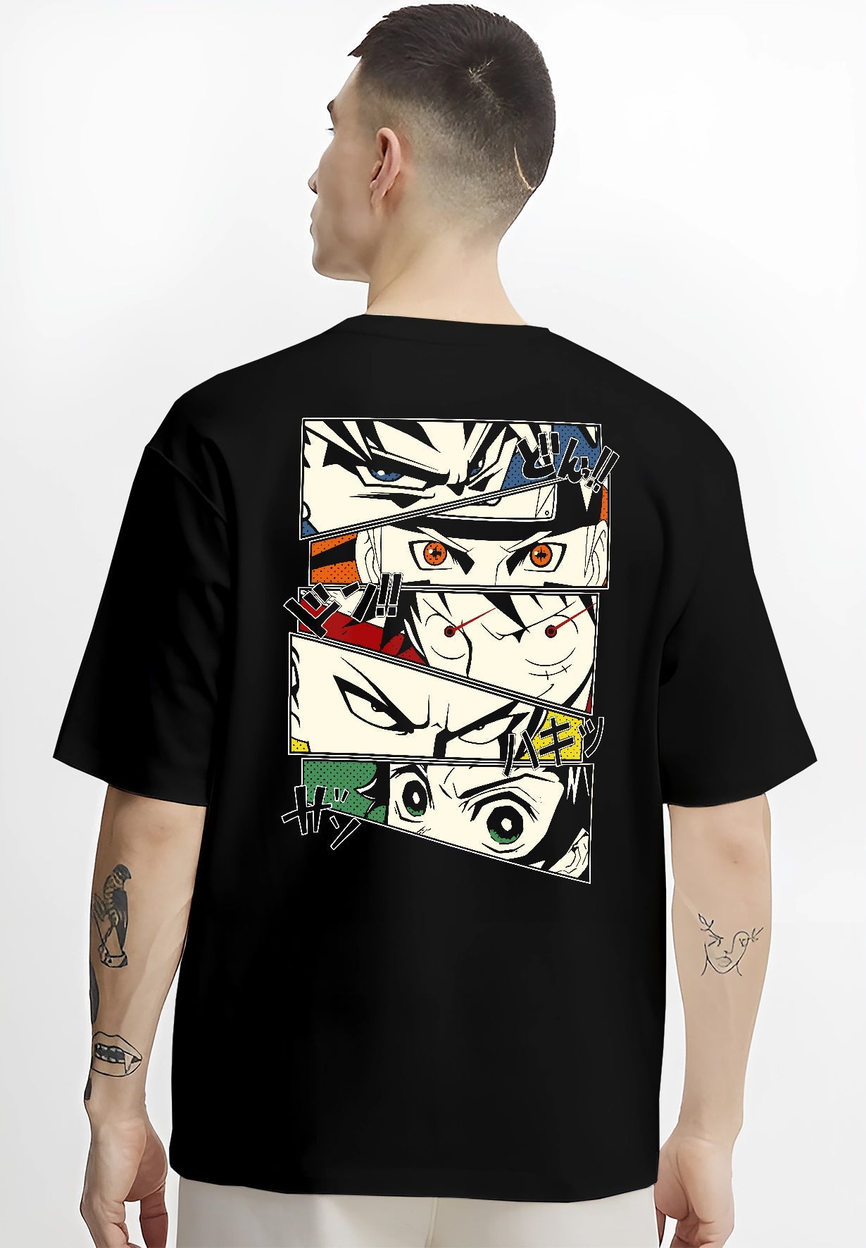Black T-shirt worn by a male model, back view, featuring bold shonen hero collage of Goku, Naruto, Luffy, Saitama, and Tanjiro artwork.