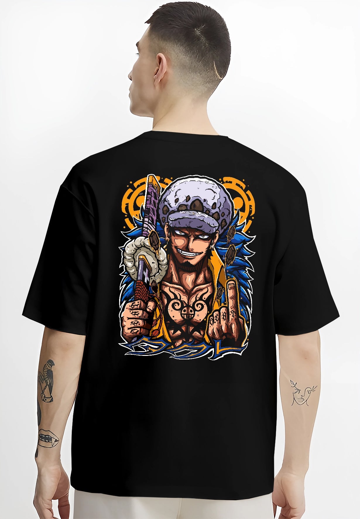 Black T-shirt worn by a male model, back view, featuring Trafalgar Law Japanese animation streetwear graphic with Heart Pirates motif.