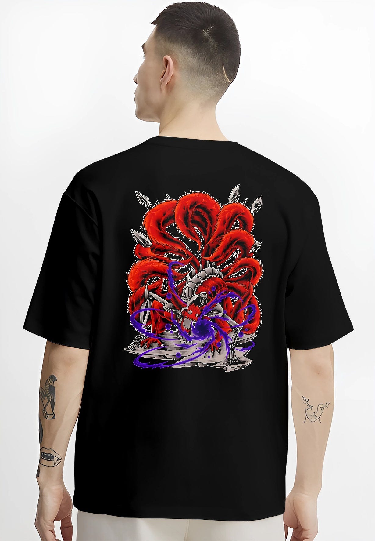 Black T-shirt worn by a male model, back view, featuring Naruto Kurama Nine-Tails anime poster inspired design with retro manga battle style and chakra aura.
