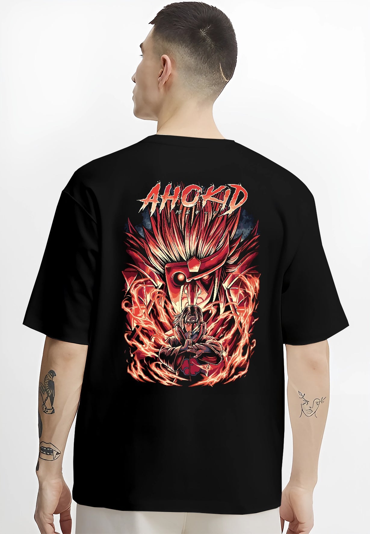 Black T-shirt worn by a male model, back view, featuring Itachi Uchiha Japanese animation streetwear graphic surrounded by red Susanoo flames.