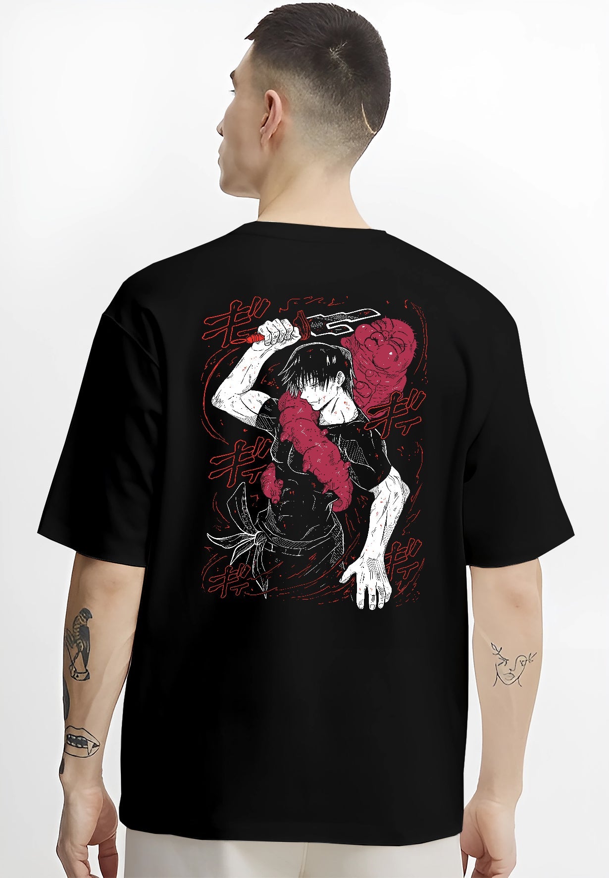 Black T-shirt worn by a male model, back view, featuring Jujutsu Kaisen Yuta Okkotsu anime poster inspired artwork with cursed sword in bold retro manga panel design.