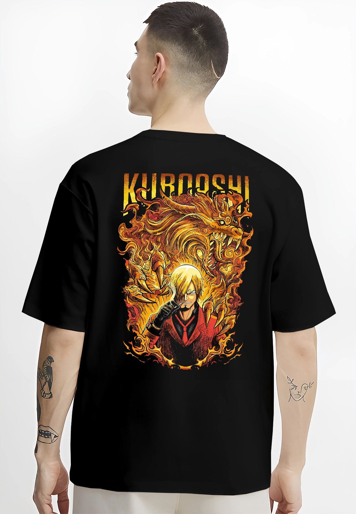 Black T-shirt worn by a male model, back view, featuring Sanji Kuroashi One Piece anime poster inspired design with fiery dragon aura in bold manga style.