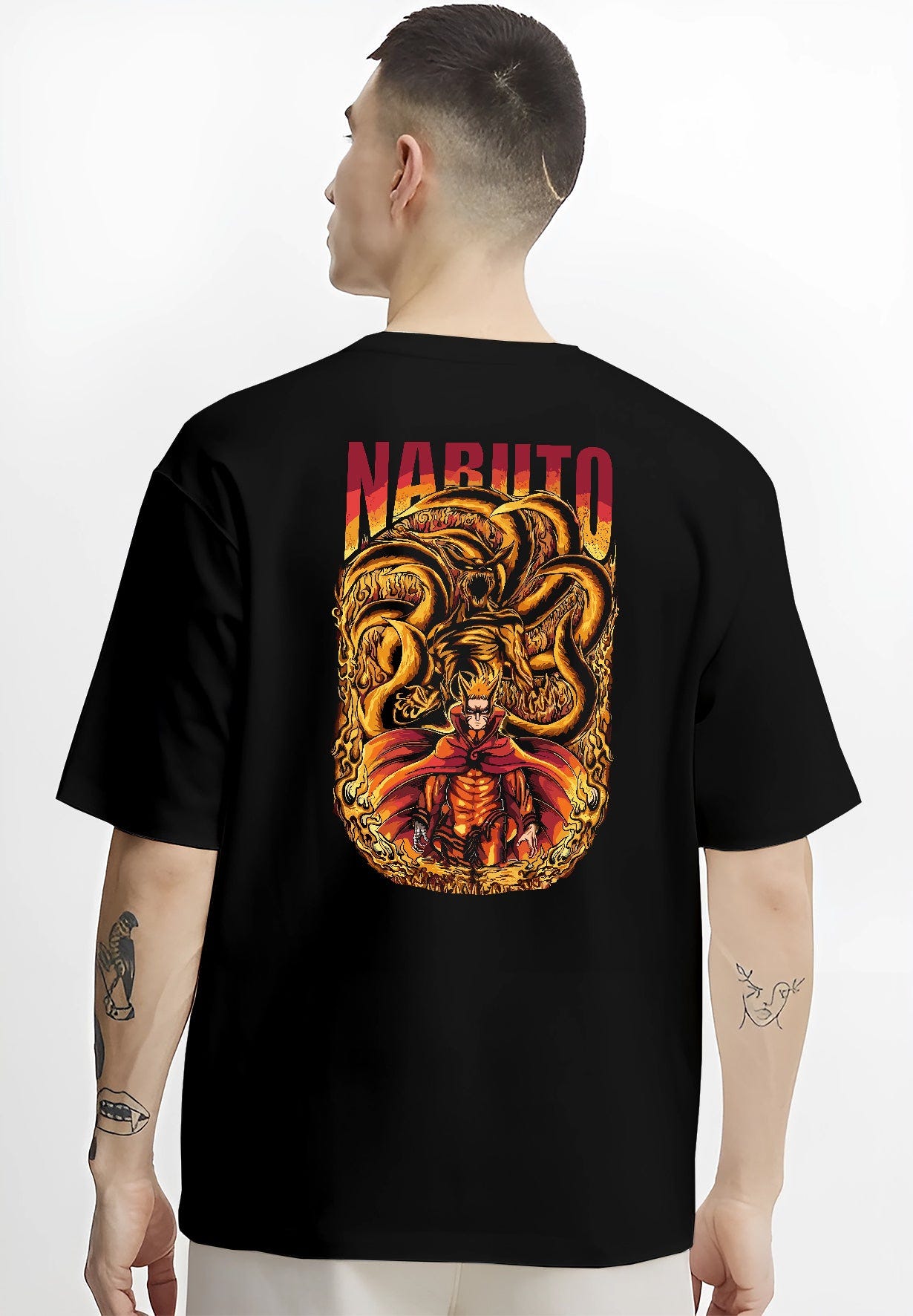 Black T-shirt worn by a male model, back view, featuring Naruto Kurama fiery shonen battle inspired anime poster design with bold retro artwork.
