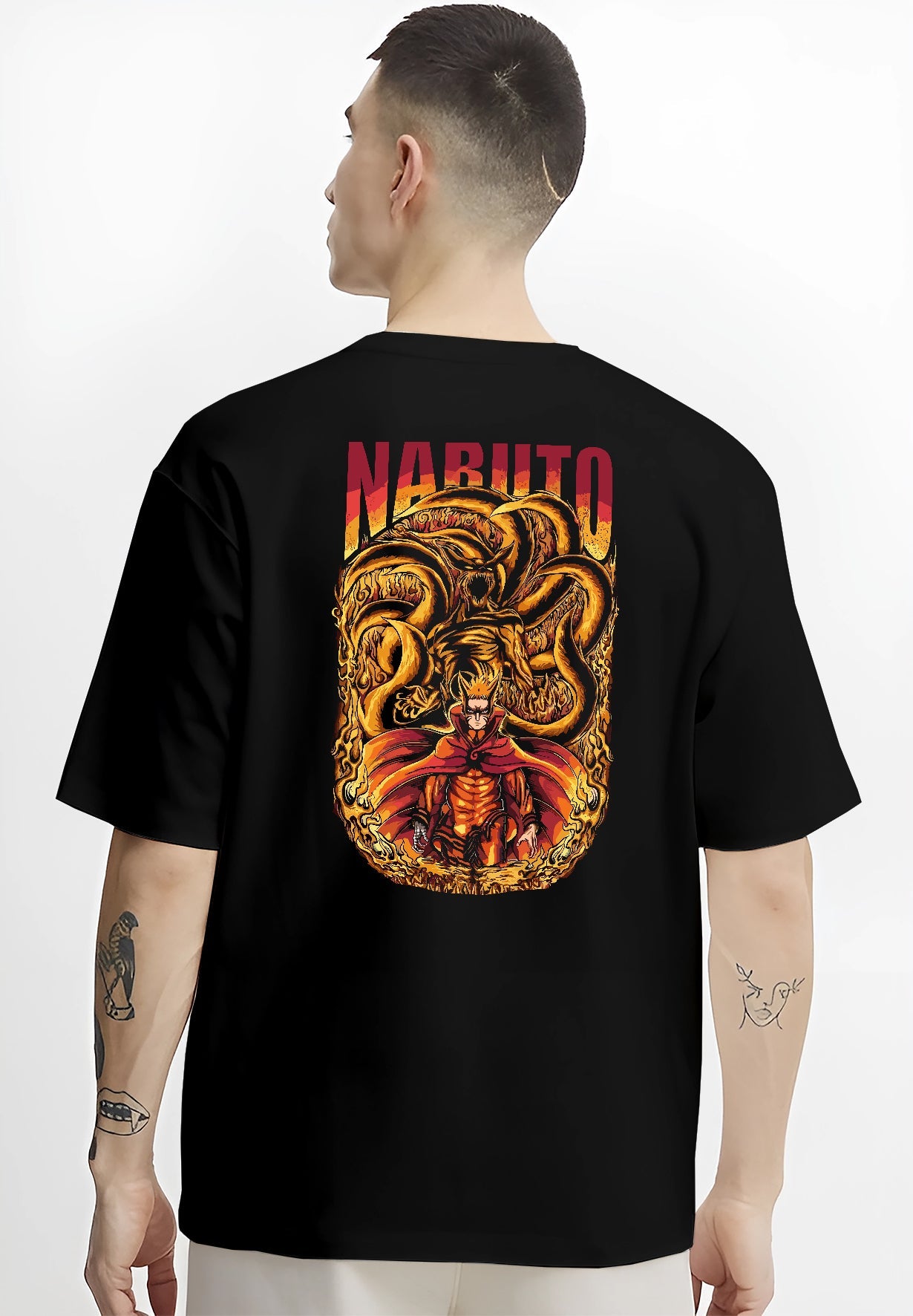 Black T-shirt worn by a male model, back view, featuring Naruto Kurama fiery shonen battle inspired anime poster design with bold retro artwork.