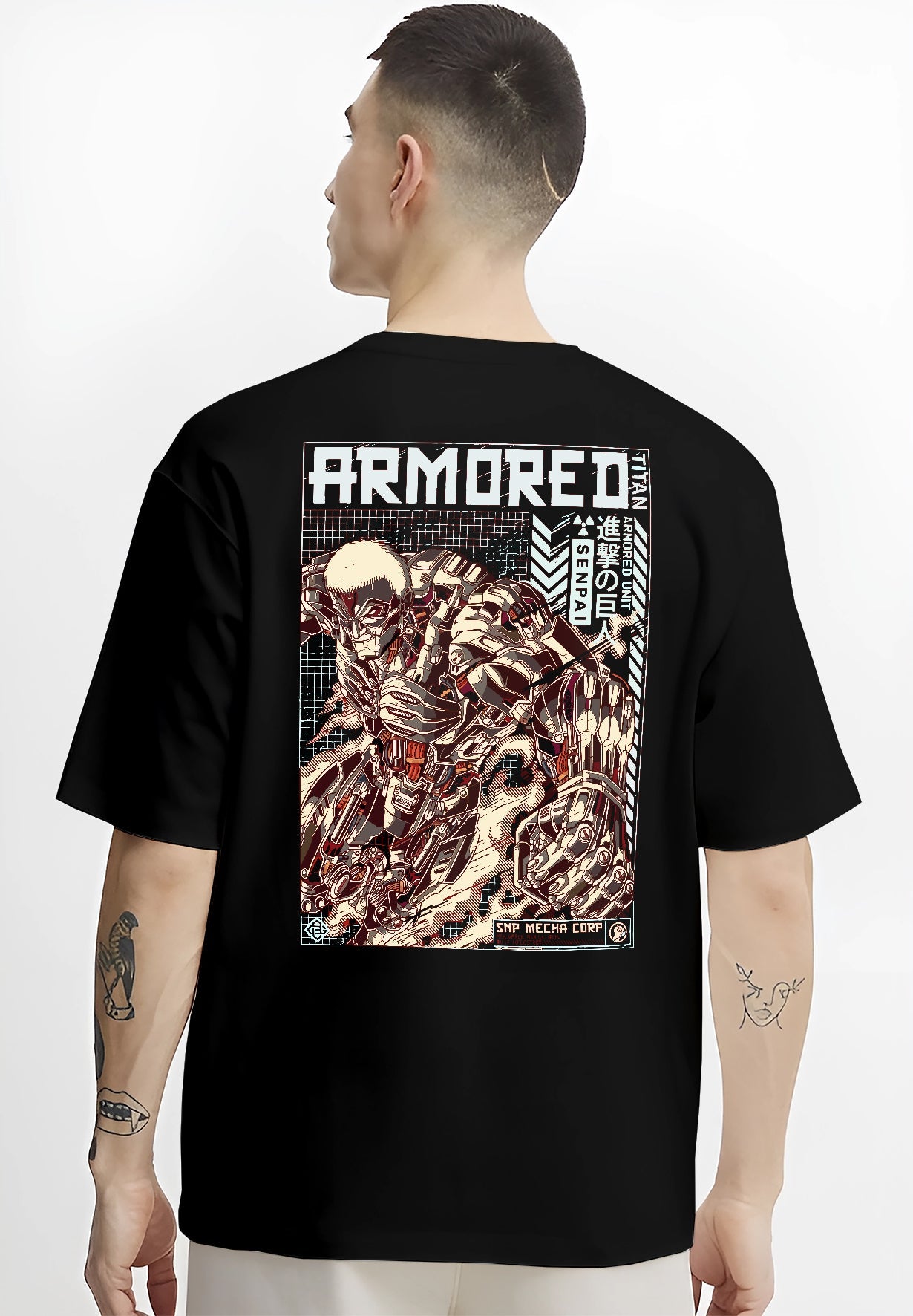 Black T-shirt worn by a male model, back view, featuring Attack on Titan Armored Titan anime poster inspired design in dark manga panel style with armored body details.