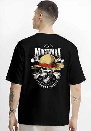 Black T-shirt worn by a male model, back view, featuring One Piece Straw Hat Pirates Mugiwara skull graphic in anime poster inspired artwork with casual retro vibe.