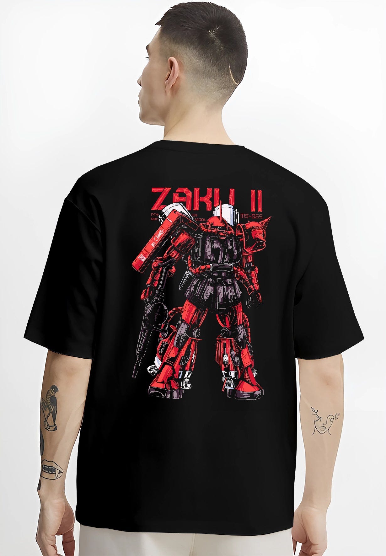 Black T-shirt worn by a male model, back view, featuring Zaku II Japanese animation streetwear design with detailed red Gundam mecha print.