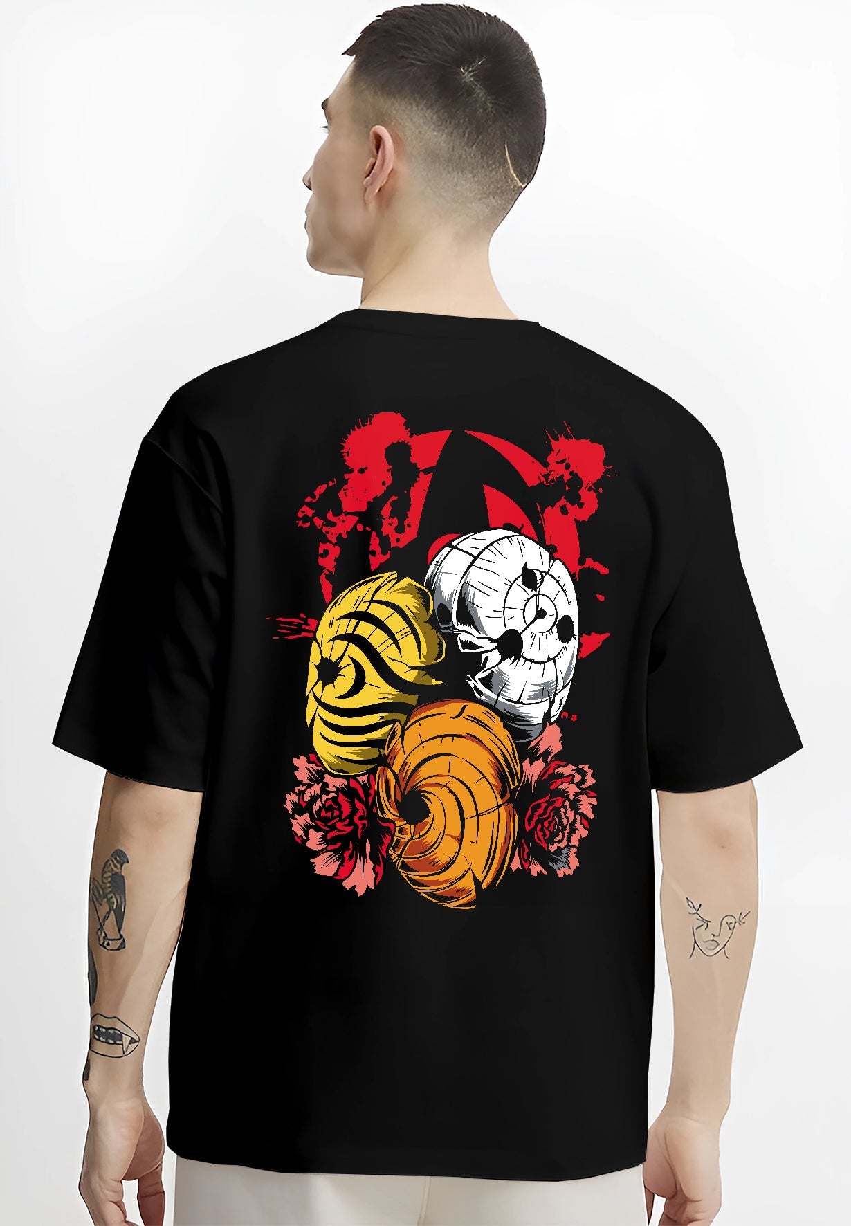 Black T-shirt worn by a male model, back view, featuring Kakashi Hatake Japanese animation streetwear design with Susanoo power and lightning Chidori print.