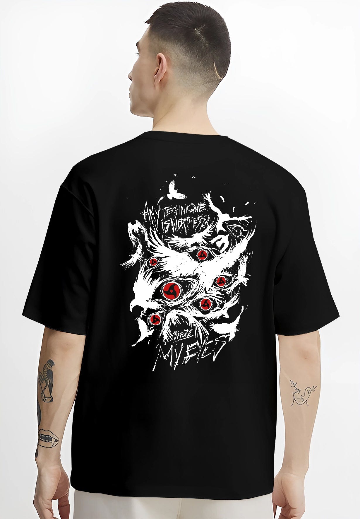 Black hoodie worn by a female model, back view, featuring Naruto Sharingan anime poster inspired artwork with chaotic sketch strokes and glowing red eyes.