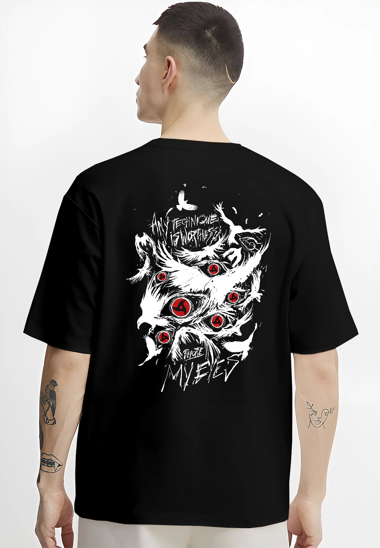 Black hoodie worn by a female model, back view, featuring Naruto Sharingan anime poster inspired artwork with chaotic sketch strokes and glowing red eyes.