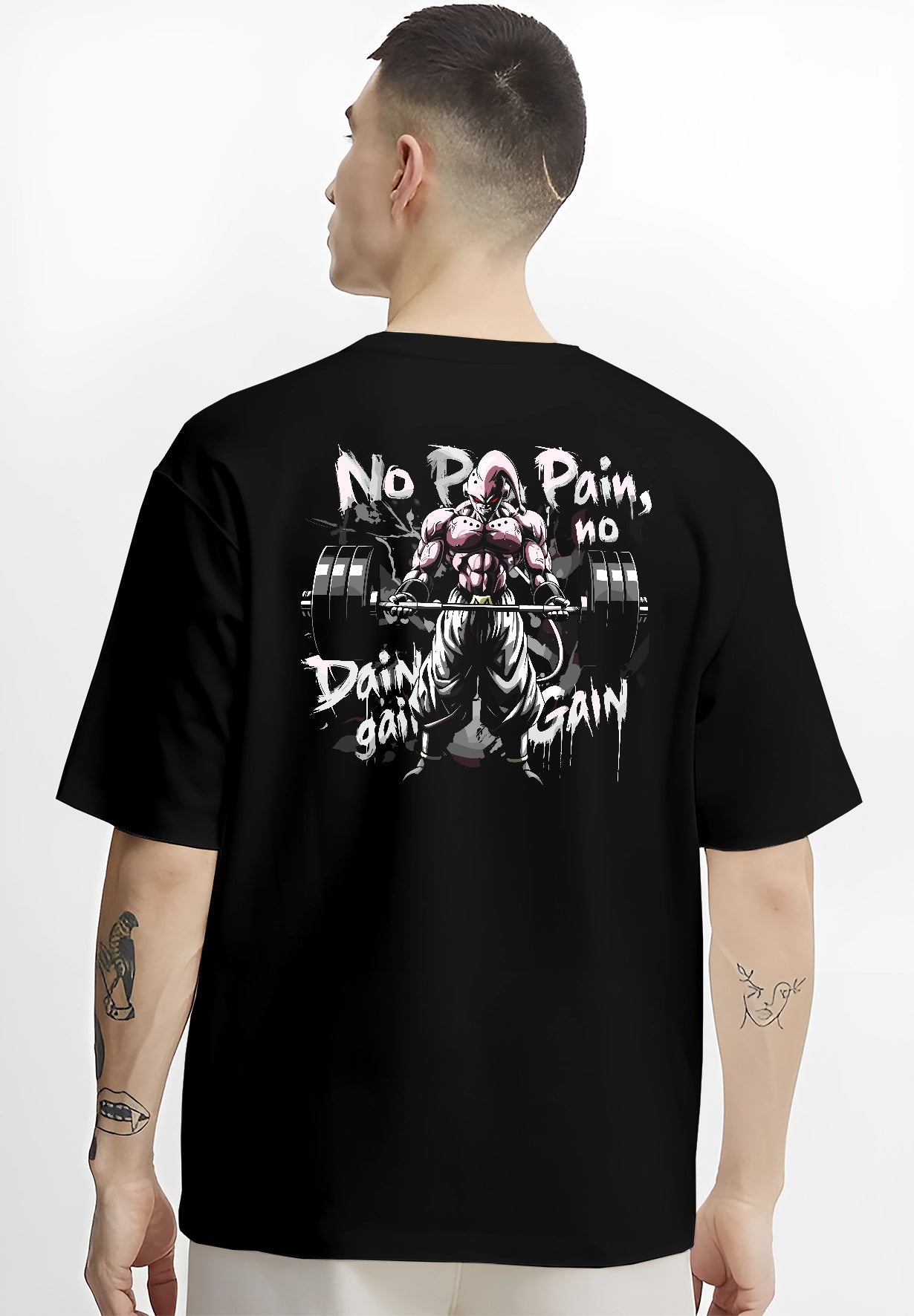 Black T-shirt worn by a male model, back view, featuring Dragon Ball Majin Buu weightlifting design with retro manga graphic and bold “No Pain No Gain” slogan.